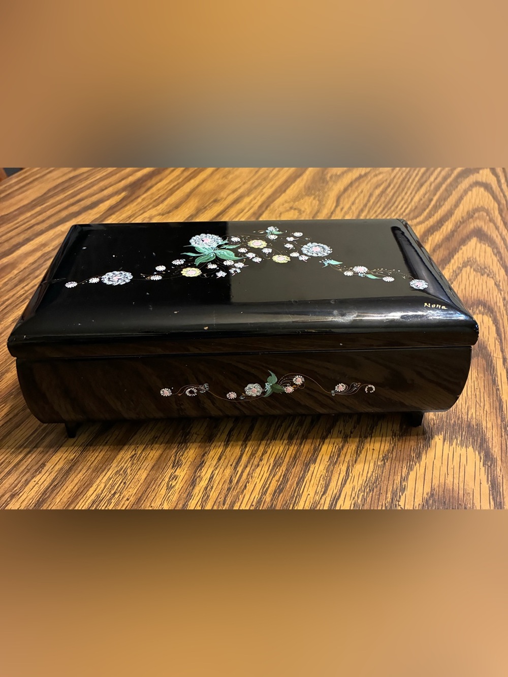 Black Floral Lacquered music & Jewelry Box 5”x8”